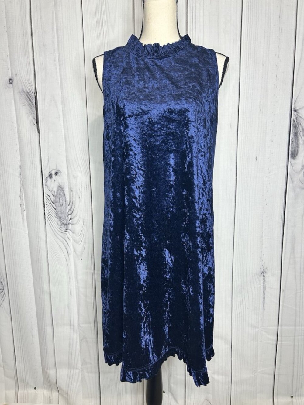 ANNALEE & HOPE Women Size L Shift Velour Dress Sleeveless USA Navy Mock Neck